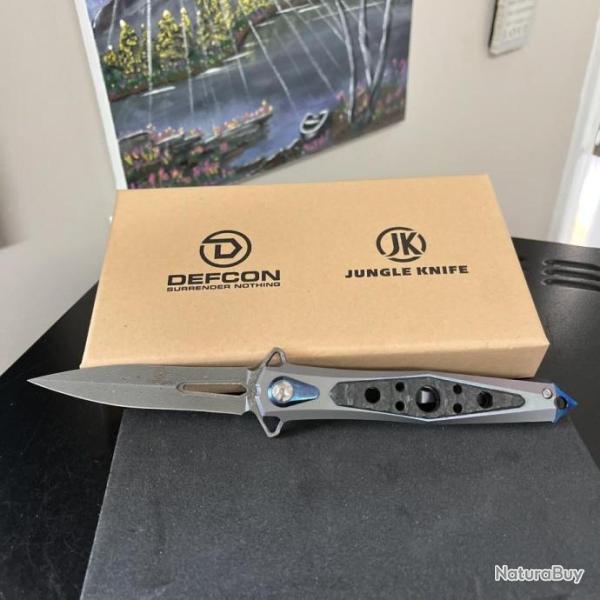 Couteau Defcon JK Series Stilleto Blue Manche Titane Lame Damas Framelock Clip TF43921