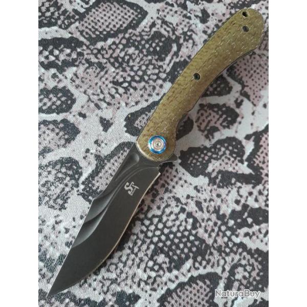 SITIVIEN - couteau pliant ST146 Kaki - Lame acier 14C28N - Manche micarta - Flipper - Rlts � billes