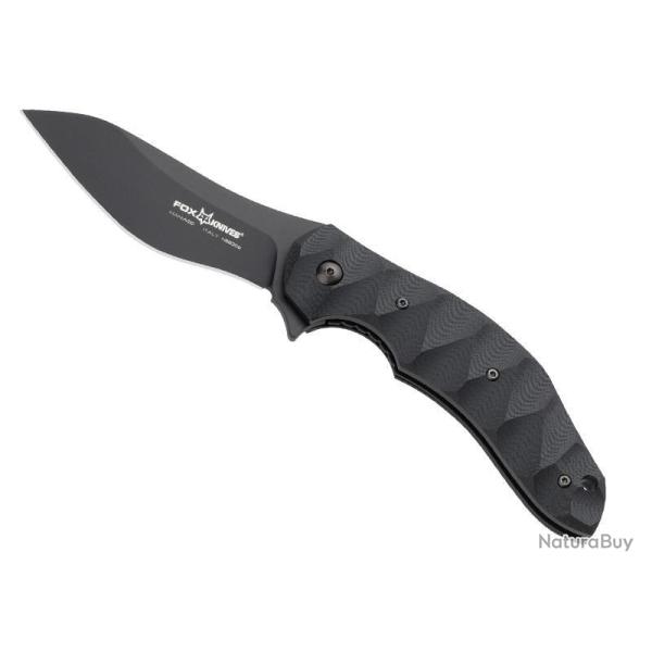 BEL1014 COUTEAU FOX KNIVES "FLIPPER" LAME ACIER NOIRE+FLIPPER MANCHE 12CM G10 NOIR ONDULE NEUF