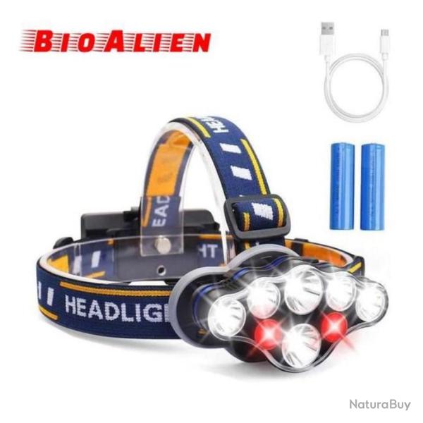 Lampe Frontale Lampe � 8 LEDs de 18000 Lumens Rechargeable USB Imperm�able r�glable Camping P�che