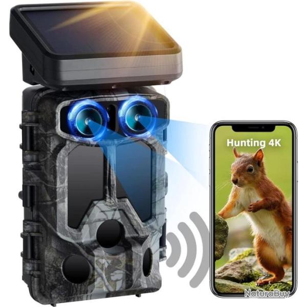 Camera de Chasse Solaire Double Objectif WiFi 4K 30FPS 60MP Vid�os H.265 Nocturne �tanche IP66