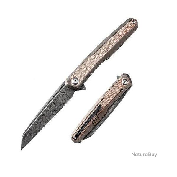 Couteau Kansept Arcus Bronze Manche Titane/Micarta Lame Acier Damas IKBS Framelock Clip K1046D1