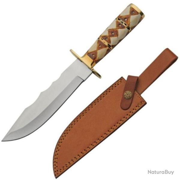 Couteau De Chasse Diamond Bone Hunter Lame Acier Inox Manche Os Etui Cuir PA203468