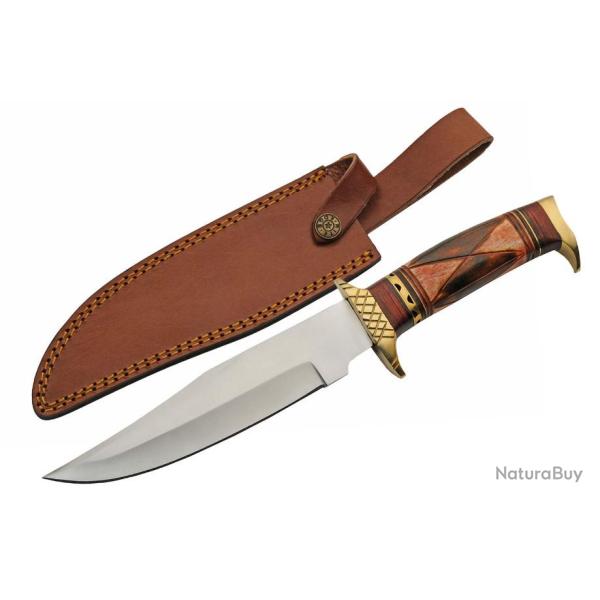 Couteau De Chasse Western Sun Hunter Lame Acier Inox Manche Os Etui Cuir PA203464