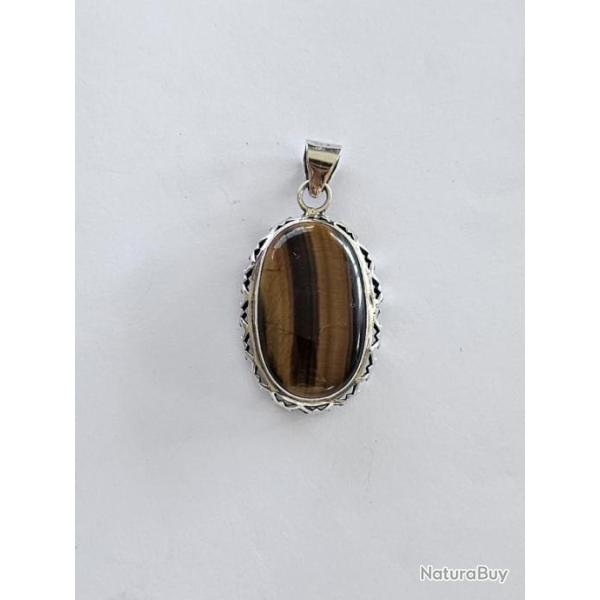 Magnifique pendentif ancien en argent avec pierre marron