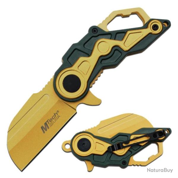 Couteau Mtech Cleaver Gold A/O Lame Acier 3Cr13 Manche ABS Linerlock Clip MTA1199GYL