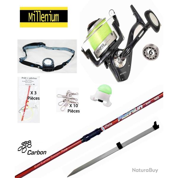 Pack p�che Surf complet, canne Carbone 4M20 + Moulinet 6 roulements + pique surf + accessoires