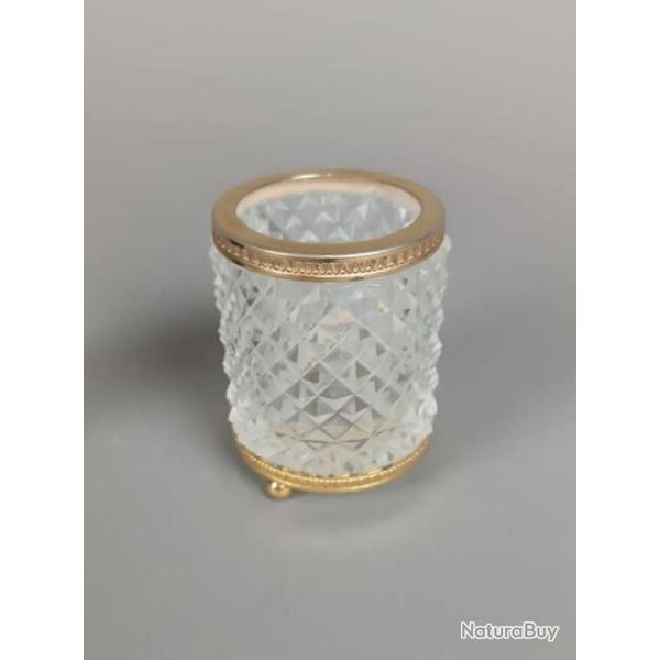 Vintage Porte-crayons circulaire en cristal moul� avec monture de laiton (Ann�es 50-60)