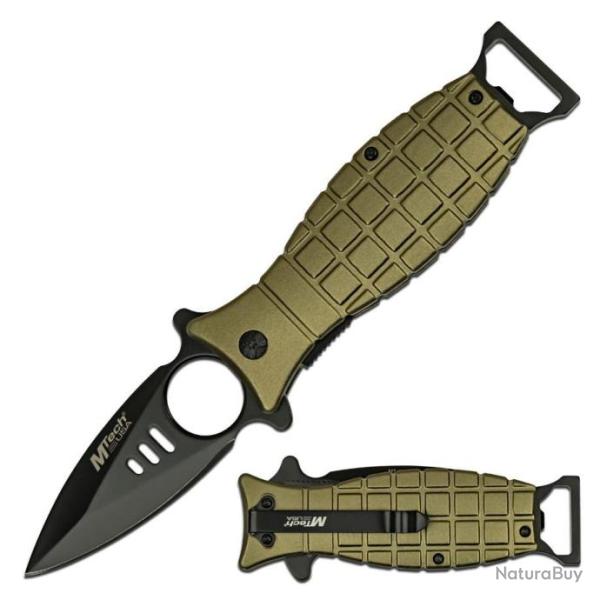 Couteau Semi Automatic Mtech Grenade Green A/O Lame Acier 3Cr13 Manche Alu Linerlock Clip MTA588GN