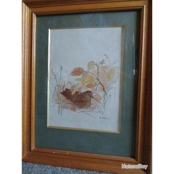 Tableau ralis au crayon et aquarelle sur papier "Bcasse au bois" signe Dominique NIGAY