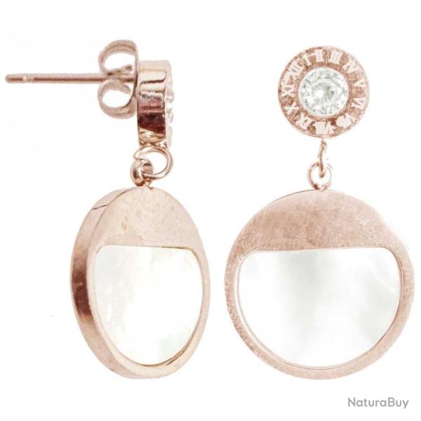 Boucles d'oreilles ronde m�tal ros� et nacre