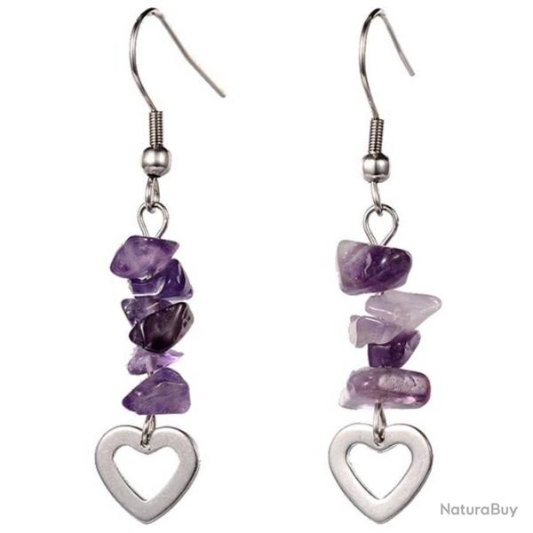 Boucles d'oreilles coeur en m�tal et am�thyste