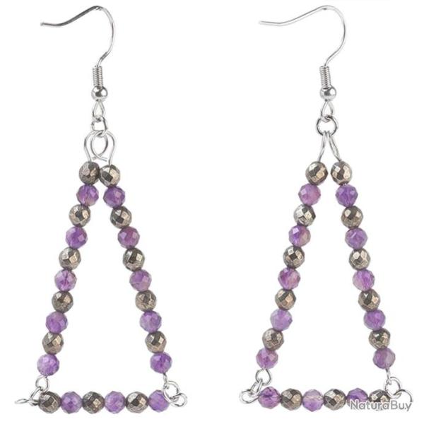 Boucles d'oreilles triangle avec perles d'am�thyste et pyrite