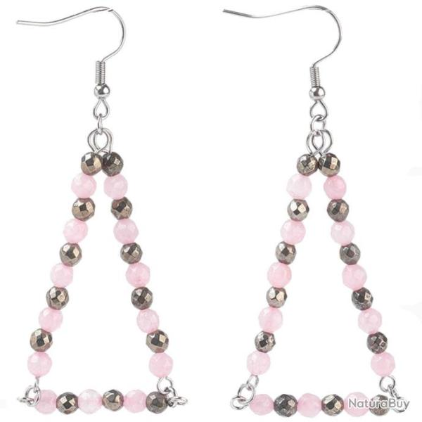 Boucles d'oreilles triangle avec perles de quartz rose et pyrite