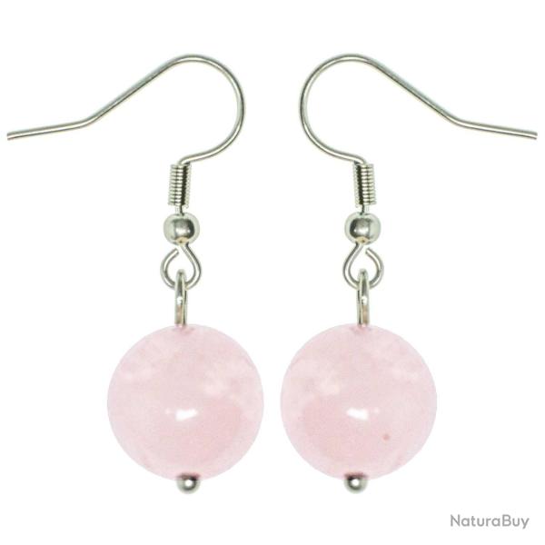 Boucles d'oreilles pendante perle ronde quartz rose