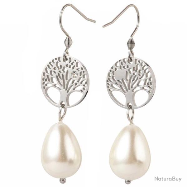 Boucles d'oreilles avec perle de culture et arbre de vie