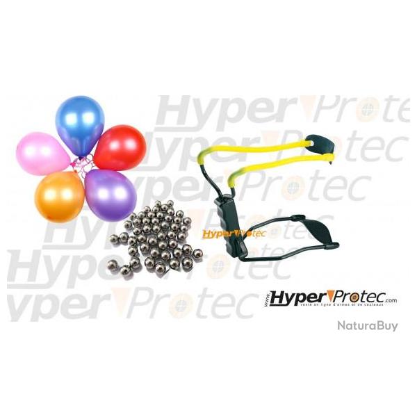 Pack Lance pierre fronde noir avec repose poignet, 30 billes et 50 ballons