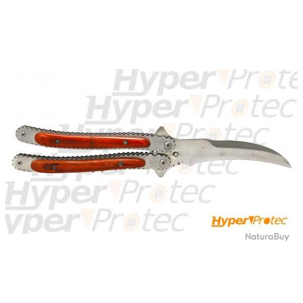 Couteau papillon lame courb� manche satin et bois