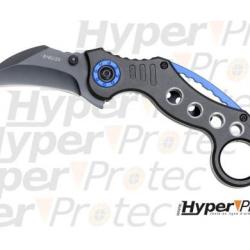 Couteau pliant Karambit F&C noir et bleu avec ouverture assist&eacute;e