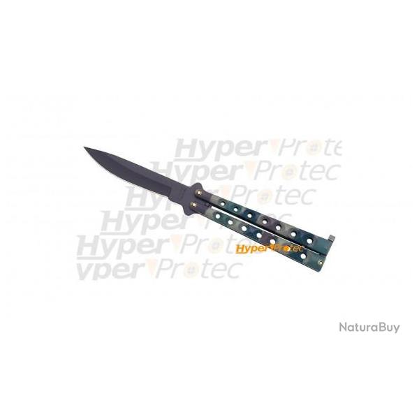 Couteau papillon balisong camouflage vert lame lisse noire