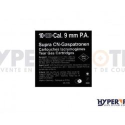 10 cartouches &agrave; blanc au gaz lacrymog&egrave;ne CN SUPRA pour pistolet alarme calibre 9mm P.A.