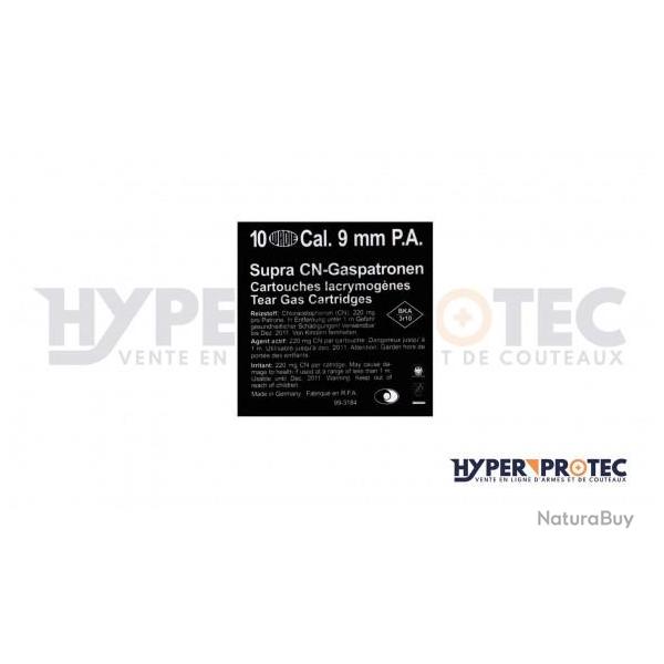 10 cartouches  blanc au gaz lacrymogne CN SUPRA pour pistolet alarme calibre 9mm P.A.