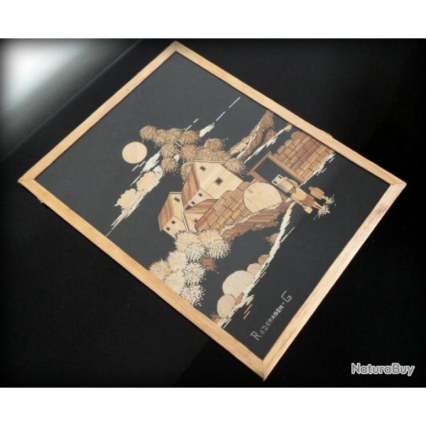 Cadre sous-verre motif en marqu�terie de paille ann�es 70 sign� RADERASON-G- Motif oriental