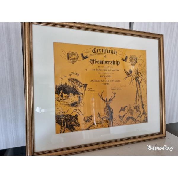 Certificat de membre du La Rochelle Rod and Gun Club   encadre sous verre.