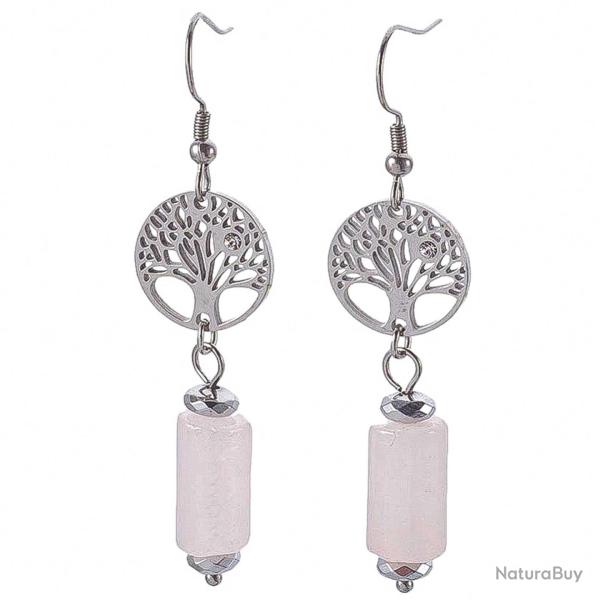 Boucles d'oreilles avec perle tubulaire quartz rose et arbre de vie
