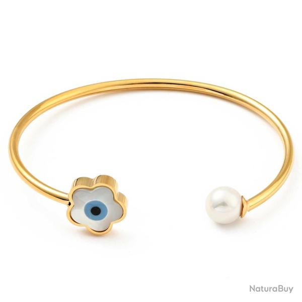 Bracelet manchette dor� ouvert protection mauvais oeil fleur nacre et perle du culture