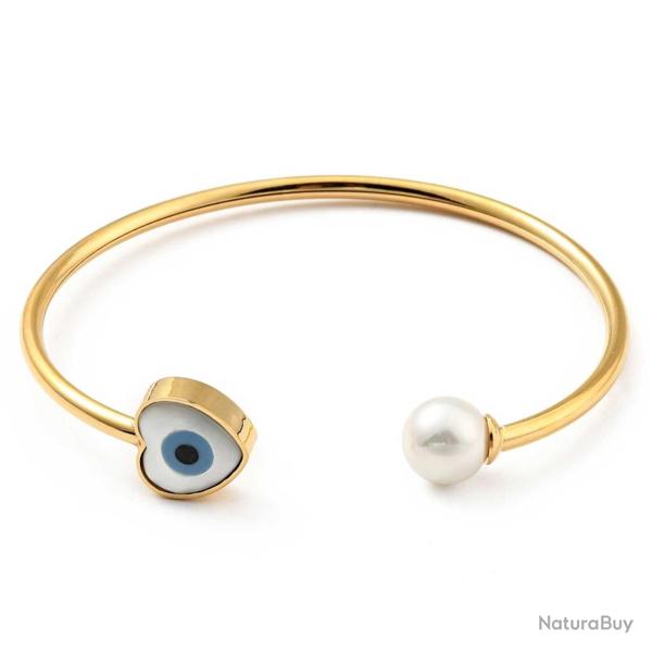 Bracelet manchette dor� ouvert protection mauvais oeil coeur nacre et perle du culture