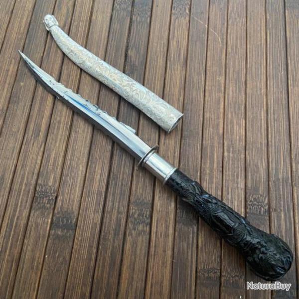 RARE STYLET LUXE MANCHE EN �B�NE SCULPT�E FOURREAU ARGENT MEMENTO MORI DEBUT XlX �me