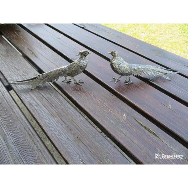 Couple de FAISANS en m�tal argent�, le plumage au naturel (Vintage des ann�es 1960)