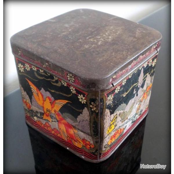Ancienne Bo�te � Th� Anglaise en T�le � D�cor Japonais-Boite � th� articul�e en t�le-Boite en m�tal
