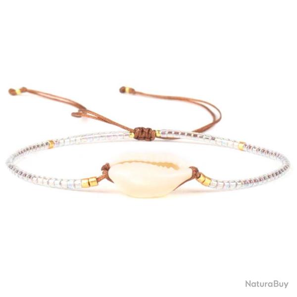 Bracelet fin coulissant avec coquillage cauri et perles de rocailles