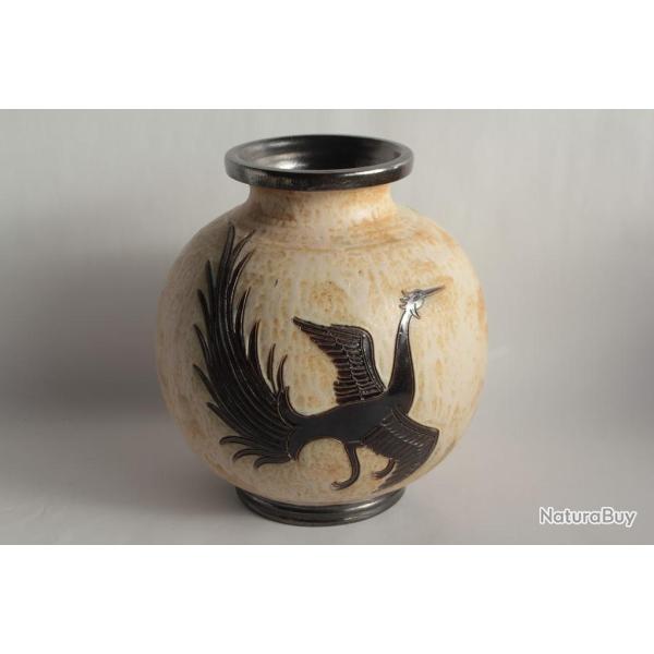 Grand vase gr�s Oiseau Roger GUERIN Bouffioulx Belgique