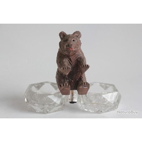 Sali�re verre Ours bois sculpt� Art populaire Suisse For�t Noire