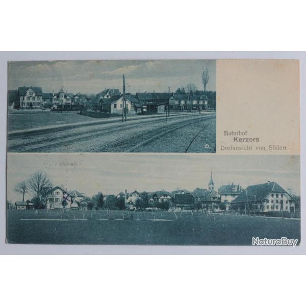 CPA Suisse Kerzers Bahnhof Dorfansicht von S�den Gare