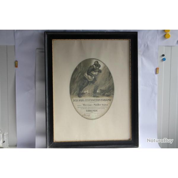 Certificat lithographi� Sapeurs Pompiers Argovie 24 ans de service 1922