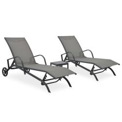 Lot de 2 transats chaise longue bain de soleil lit de jardin terrasse meuble d'ext&eacute;rieur avec table