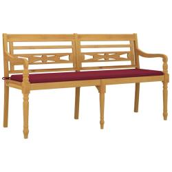 Banc de jardin meuble de patio d'ext&eacute;rieur terrasse avec coussin rouge bordeaux 150cm bois teck mas