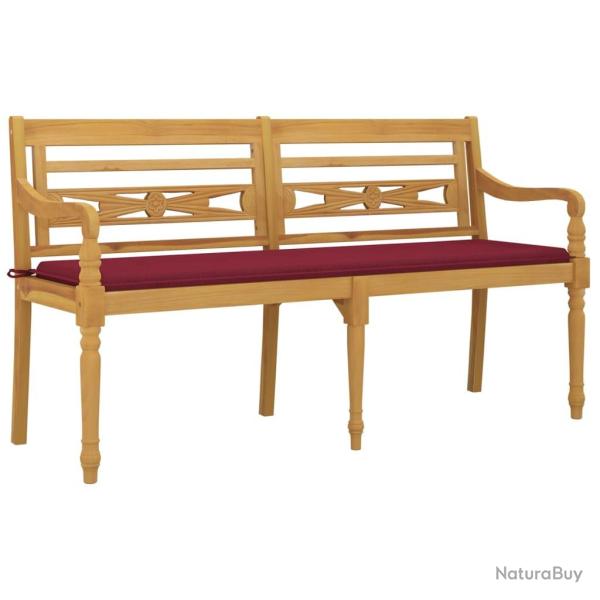 Banc de jardin meuble de patio d'extrieur terrasse avec coussin rouge bordeaux 150cm bois teck mas