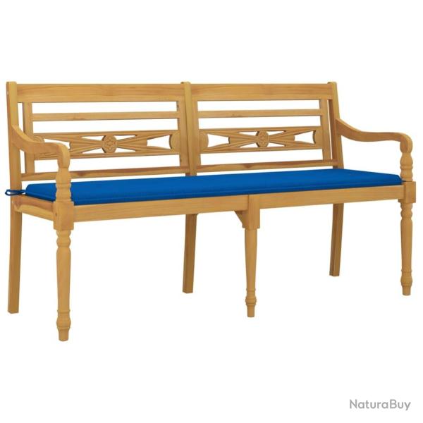 Banc de jardin meuble de patio d'ext�rieur terrasse avec coussin bleu royal 150 cm bois de teck mas