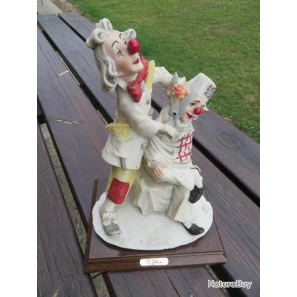 VINTAGE - Grande Statuette repr�sentant un Duo de clowns en c�ramique peinte � la main MADE IN ITALY