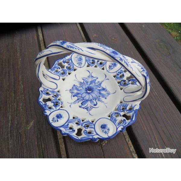 VINTAGE - Panier en cramique tress motif floral bleu - fabriqu au Portugal RCCL (Vers 1980-90)