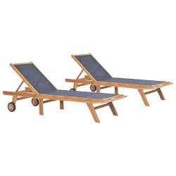Chaises longues transat pliables avec roulettes 2 pi&egrave;es teck et textil&egrave;ne 02_0011955