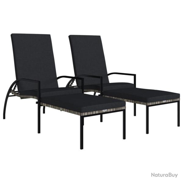 Lot de deux chaises longues transat avec repose-pied r�sine tress�e gris 02_0011907