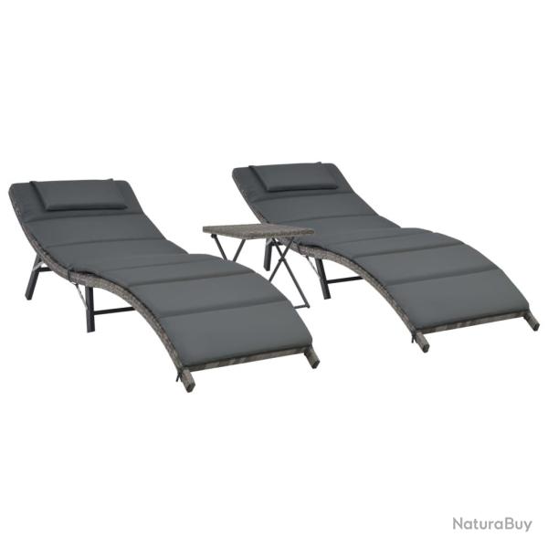 Ensemble de chaises longues pliables 3 pi�ces r�sine tress�e gris 02_0011994