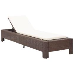 Transat chaise longue bain de soleil avec coussin marron r&eacute;sine tress&eacute;e 02_0012196