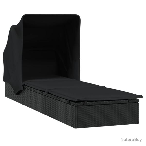 Transat chaise longue bain de soleil avec toit pliable 213 x 63 x 97 cm r�sine tress�e noir 02_0012